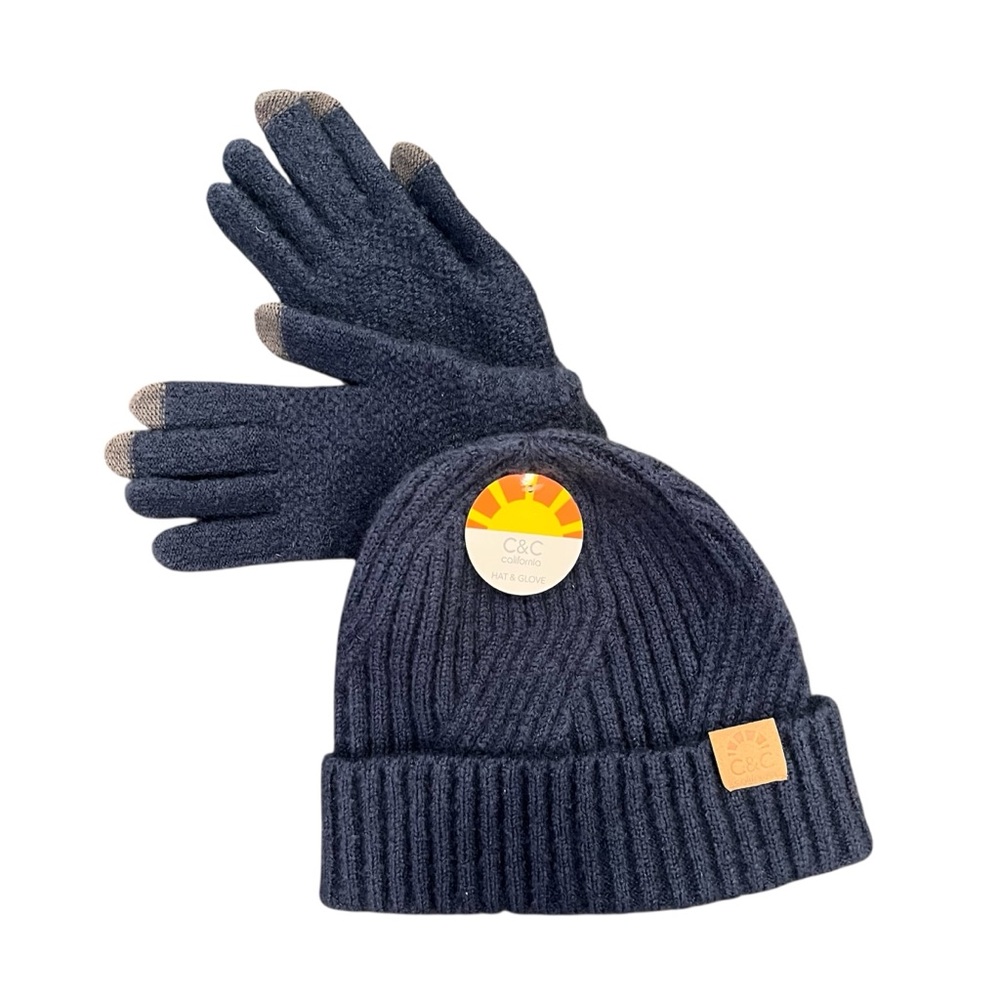 C&C California Dark Blue Beanie and Gloves Set Tech Knit NWT